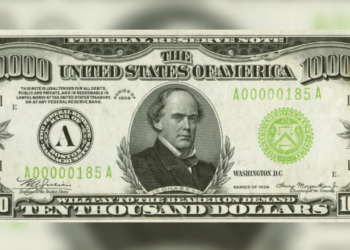 Essa nota rara de US$ 10 mil dos EUA vale quase meio milhão de dólares no mercado de colecionadores.