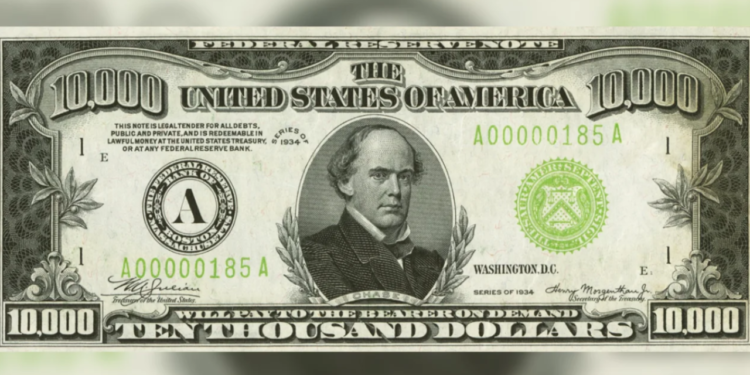Essa nota rara de US$ 10 mil dos EUA vale quase meio milhão de dólares no mercado de colecionadores.
