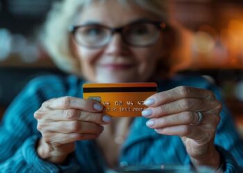 senhora com um cartao de credito para aposentados do INSS