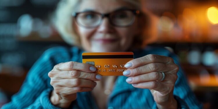 senhora com um cartao de credito para aposentados do INSS