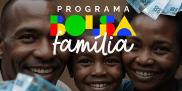 Imagem de uma família sorridente com o logotipo do Programa Bolsa Família e cédulas de R$ 100 ao fundo.
