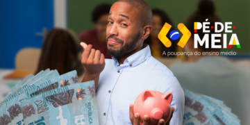 Imagem ilustrativa do programa Pé-de-Meia, com estudante segurando um cofrinho e notas de dinheiro, simbolizando o pagamento da primeira parcela do benefício.