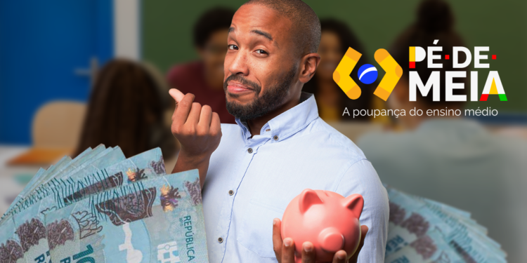 Imagem ilustrativa do programa Pé-de-Meia, com estudante segurando um cofrinho e notas de dinheiro, simbolizando o pagamento da primeira parcela do benefício.
