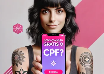 Mulher segurando um smartphone com a tela exibindo um aplicativo da Serasa para consulta gratuita do CPF.