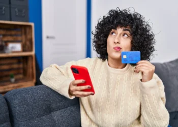 Mulher com cabelo cacheado segurando um cartão de crédito e um celular, com expressão pensativa.