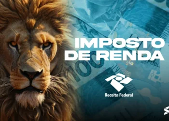 Leão ao lado de notas de 100 reais, com o texto "Imposto de Renda" e o logotipo da Receita Federal.