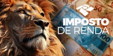Leão e notas de dinheiro com o texto 'Imposto de Renda', representando a restituição do IR de 2025.