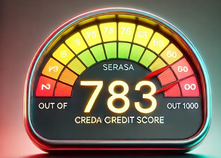 Medidor digital exibindo um score de crédito de 783 no sistema Serasa.