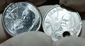 Moeda de 50 centavos com erro de cunhagem e furo no centro